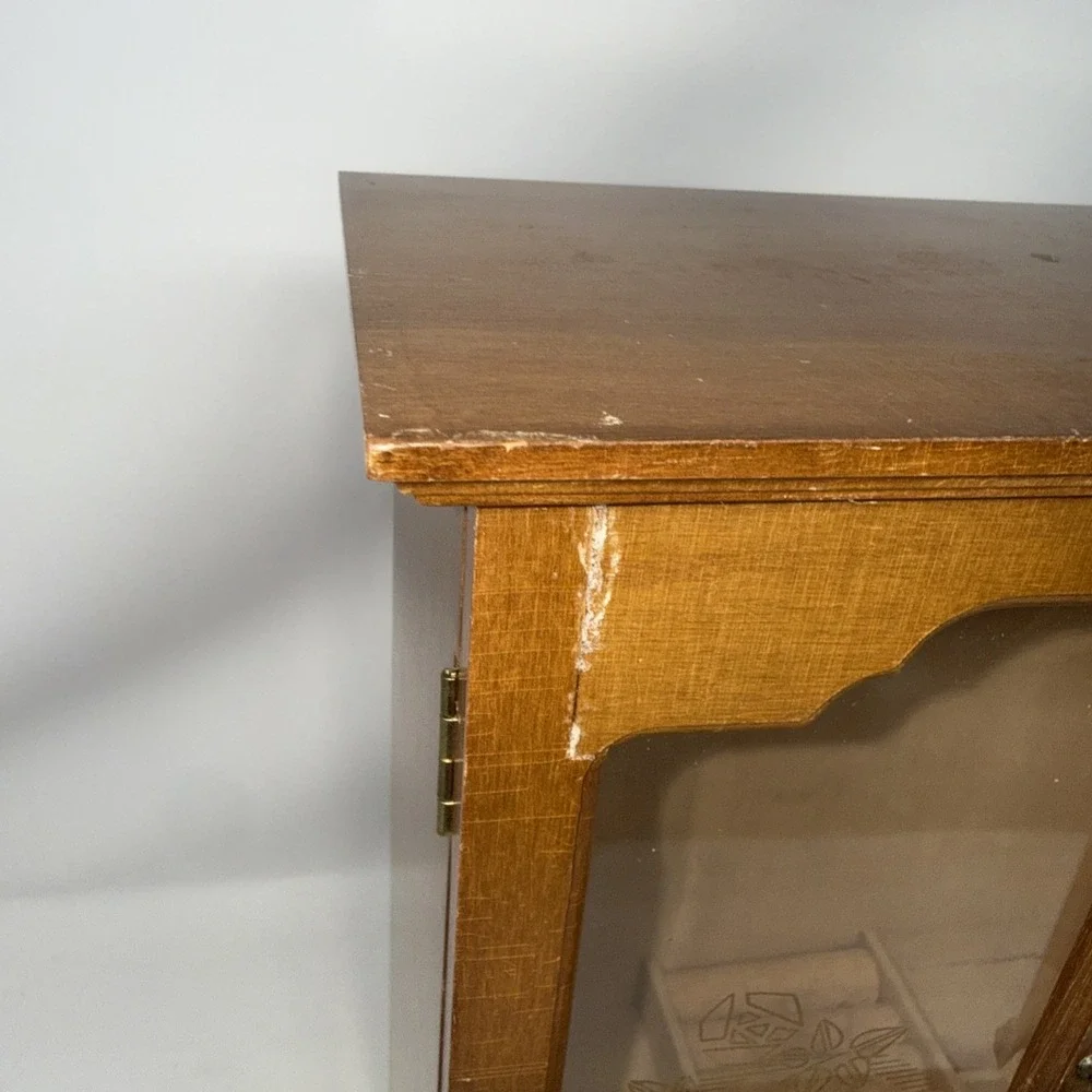 Vintage Wood 2 Door Jewelry Box Armoire Style Cabinet w Mirror Drawer Scuffs